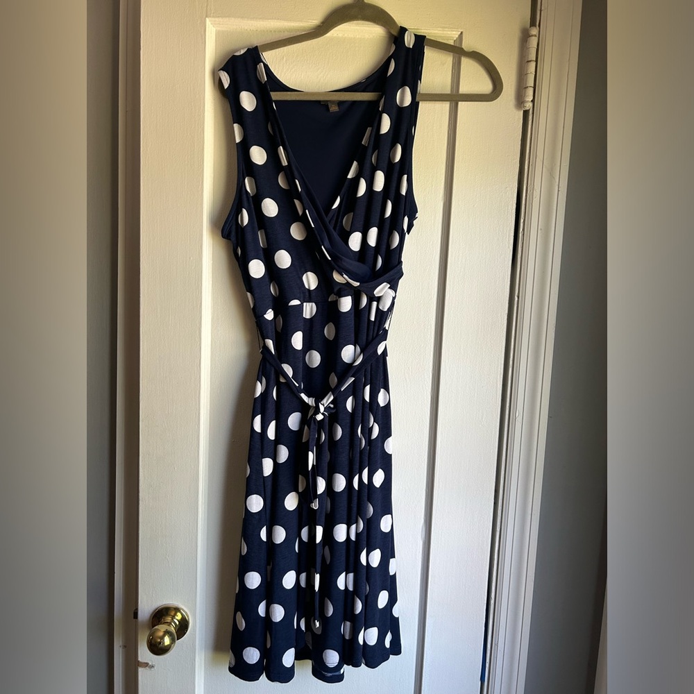 41 Hawthorn Navy Blue and White Polka Dot Sleeveless Wrap Dress